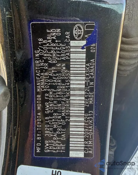 2019 Toyota Corolla L from USA, damaged, VIN 2T1BURHE1KC145557
